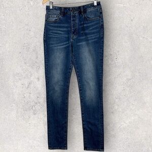 NEW Six Week Residency Blue Slim Straight Jeans Size 29 Denim Leather Patch Jean